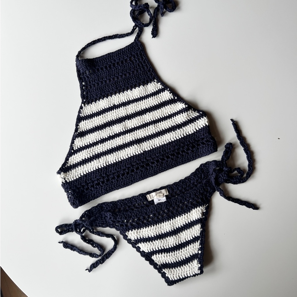 Navy White Stripe Crochet Bikini Swimsuit Top and Bottom Set Size M/L